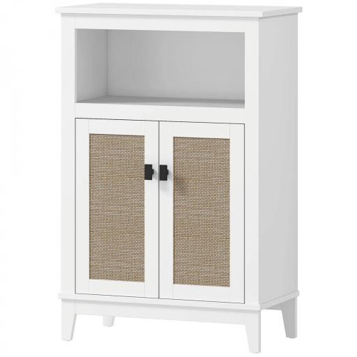 Mueble Auxiliar de Baño con 2 Puertas con Frontal de Ratán Estante Ajustable y Compartimento Abierto 60x30x90 cm Blanco [9]