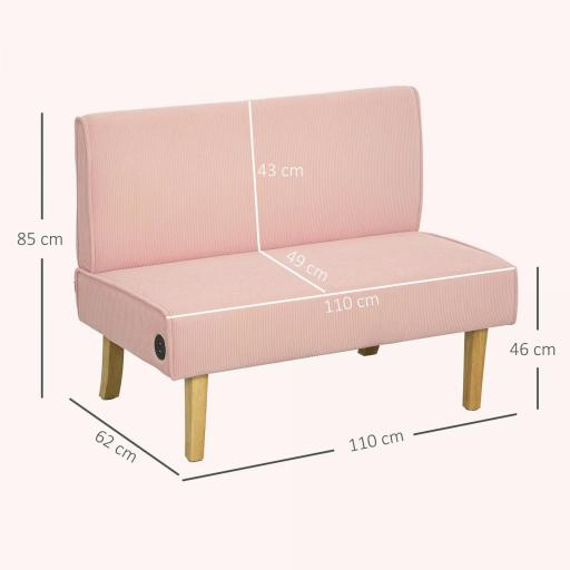 Sofá de 2 Plazas Tapizado en Pana con 2 Puertos USB 1 Puerto Tipo-C y Patas de Madera Carga 240 kg 110x60x85 cm Rosa [1]