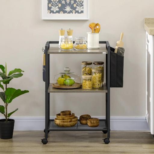 Carrito Auxiliar con Ruedas de 3 Niveles con Bolsa de Tela y 2 Ganchos para Salón Cocina Comedor 66x40x80,5 cm Gris [4]