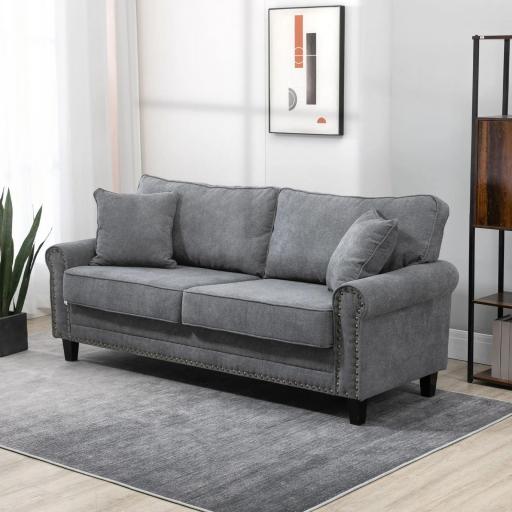 Sofá de 3 Plazas con Tachuelas Oro Envejecido Tapizado en Poliéster con 2 Cojines Decorativos 196x80,5x89 cm Gris