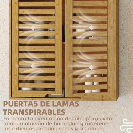 Armario de Baño de Pared de Bambú Mueble de Baño Colgante con Estante Ajustable Puertas de Lamas Natural [4]