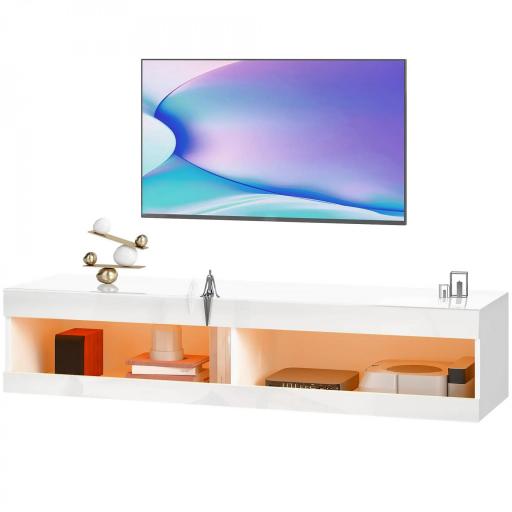 Mueble de TV Suspendido con Luces LED con Control Remoto Compartimentos Orificios Pasacables 140x40x30 cm Blanco Brillo [8]