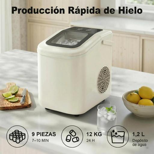 Máquina de Hielo Autolimpiable 12 kg/24H 9 Cubitos Listos en 7 Minutos 2 Tamaños de Hielo 1,2L Depósito Beige [7]