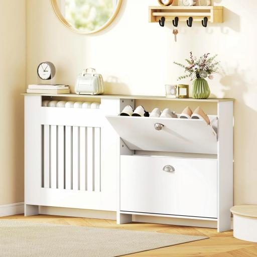 Cubre Radiadores con Zapatero Cubierta para Radiador con 2 Cajones Abatibles 152x19x81 cm Blanco [6]