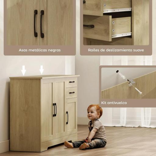 Aparador para Salón Moderno con 3 Puertas 2 Cajones Estante Ajustable para Comedor Entrada 120x38x79 cm Natural [6]