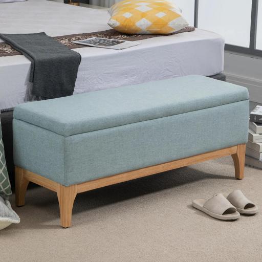 Baúl de Almacenaje para Dormitorio 72L Tapizado en Lino con Patas de Madera 110x39x45 cm Verde Claro