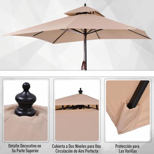 Parasol de Jardín de Metal 3x3x3 m con Doble Techo Impermeable y Manivela para Terraza Balcón Exterior Beige [3]