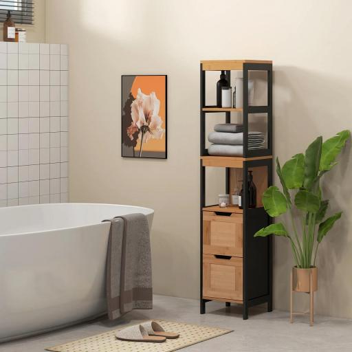 Armario Alto para Baño con 3 Estantes y 2 Cajones Estilo Moderno 30x30x144,3 cm Negro y Natural [2]