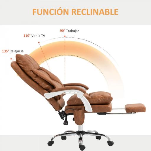 Silla de Escritorio con Soporte Lumbar Inflable Tapizada en PU Reposapiés Respaldo Reclinable Altura Ajustable Marrón [6]