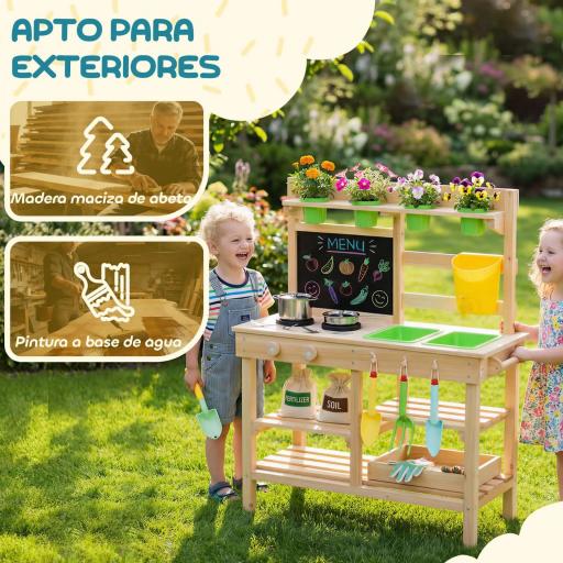 Cocina de Juguete Exterior de Madera con Macetas Fregaderos Grifo Utensilios de Acero Inoxidable Natural [7]