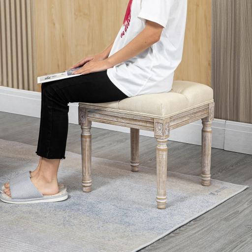 Reposapiés de Salón con Asiento Capitoné y Patas Talladas de Madera Estilo Vintage para Dormitorio 40x40x43 cm Beige  [2]