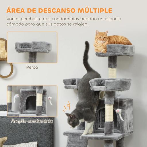 Árbol Rascador para Gatos Árbol para Gatos 153 cm con 2 Cuevas 3 Camas 2 Rampas Postes de Sisal Ratones Colgantes Gris [5]