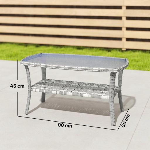 Mesa de Jardín Exterior Rectangular de Ratán con Estante Tablero de Vidrio Templado con Ondas 90x50x45 cm Gris Oscuro [1]