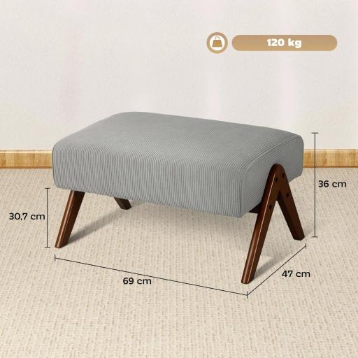 Reposapiés de Salón Taburete Bajo con Asiento Acolchado Patas de Madera para Sala de Estar Dormitorio 69x47x36 cm Gris [1]