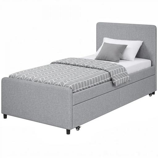 Cama Nido Individual 90x190 cm Estructura de Cama Tapizada en Lino con Cabecero y Piecero Listones de Madera Gris Claro [9]