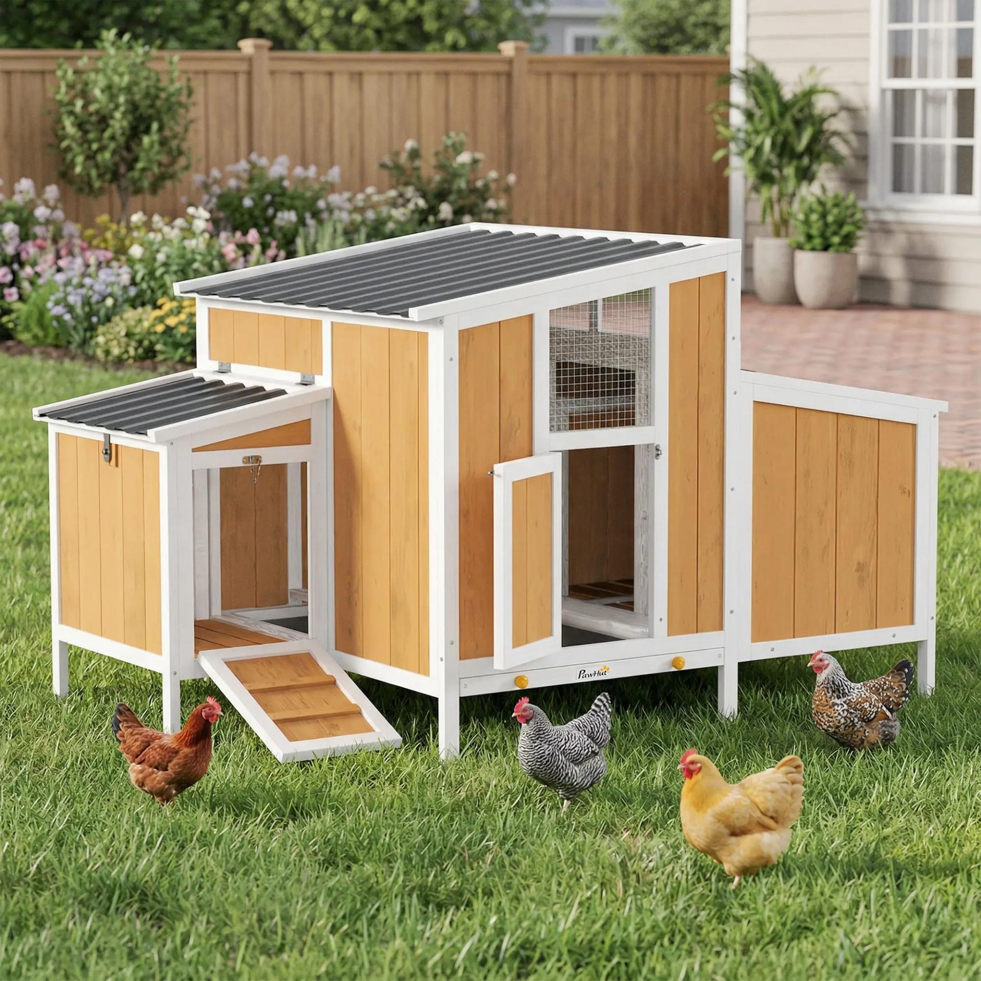 Gallinero para Exterior de Madera 145x90x92 cm para 2-4 Gallinas con Nido Casa Lateral Bandeja Extraíble Amarillo