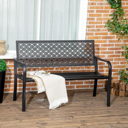 Banco de Jardín de Acero Banco de 2 Plazas con Respaldo Decorativo para Terraza Patio 127x63x83 cm Negro