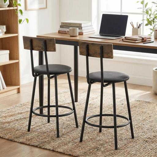 Set de 2 Taburetes de Bar con Respaldo y Reposapiés Tapizados en PU 41x47x92 cm Negro [3]