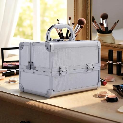 Maletín Maquillaje Profesional Estuche de Cosmético Portátil con Bandejas de 3 Niveles y Espejo 2 Llaves para Joyero Manicura Viaje 20x15x15 cm Plateado