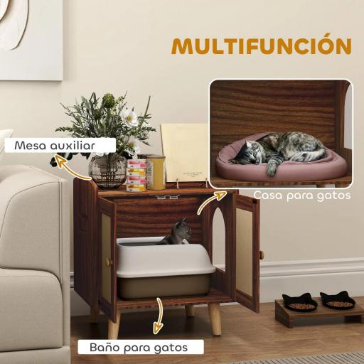 Mueble Arenero para Gatos Mesa Auxiliar con Puertas con Esteras de Sisal para Salón Dormitorio 55x43x59,6 cm Marrón [5]