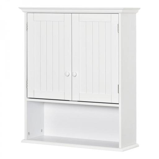 Armario Baño de Pared con 2 Puertas Estante Interior Ajustable y Compartimento Abierto Mueble Auxiliar Suspendido Multiusos para Cocina 60x20x70,5 cm Blanco [9]