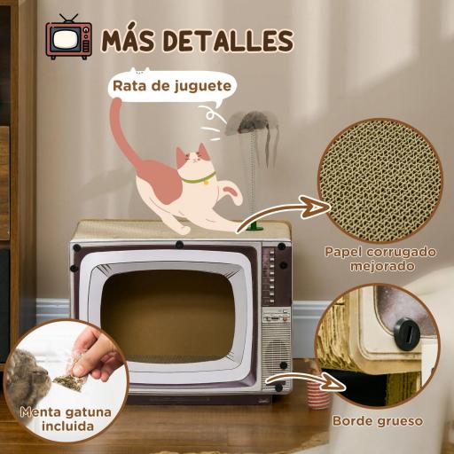 Rascador de Cartón para Gatos en Forma de Televisor con Ratón de Juguete 43x23x32,5 cm Arena [4]