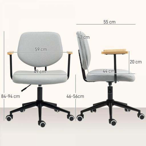 Silla de Oficina Moderna con Reposabrazos de Madera Asiento Ajustable y Ruedas para Oficina y Estudio 59x55x84-94cm Gris [1]