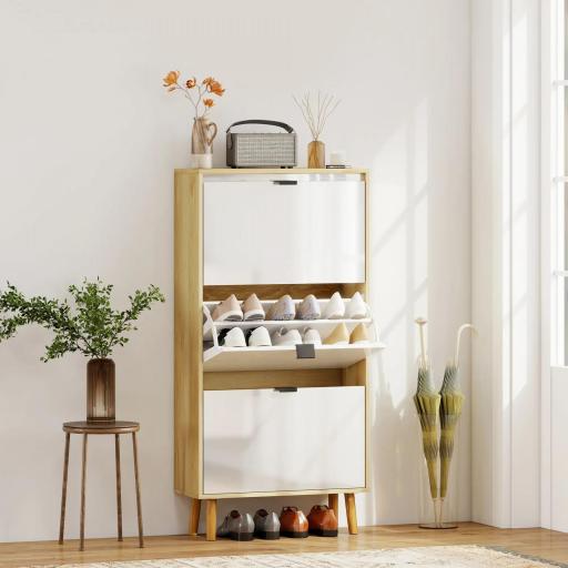 Zapatero Estrecho con 3 Puertas en Blanco Brillo Estantes Ajustables Patas de Madera para 18 Pares de Zapatos