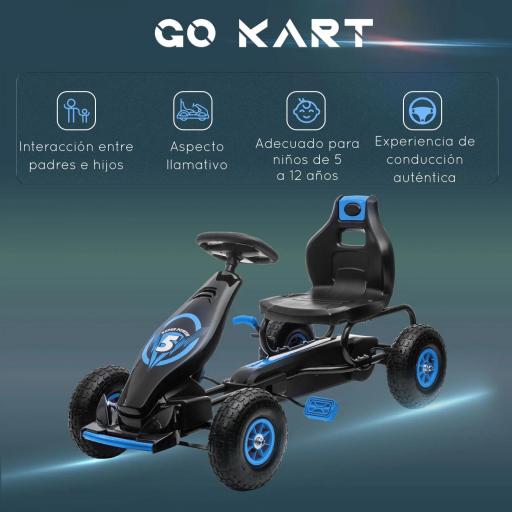 Go Kart a Pedales Infantil con Asiento Ajustable Neumáticos Inflables Amortiguador y Freno de Mano 121x58x61 cm Azul [3]