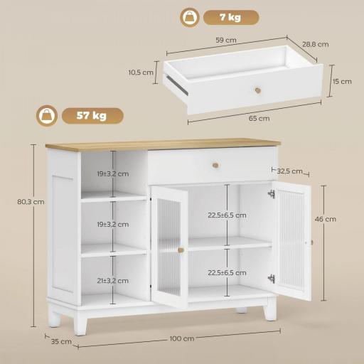 Aparador para Salón con 2 Puertas de Vidrio Cajón Compartimentos Abiertos y Estantes Ajustables 100x35x80,3 cm Blanco [1]