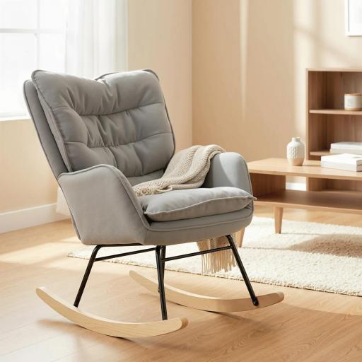 Silla Mecedora con Patas de Madera de Haya y Reposabrazos Mecedora para Lactancia Carga 120 kg para Dormitorio Gris