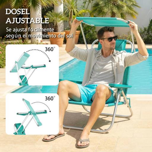 Juego de 2 Sillas de Playa Plegables con Dosel Ajustable Respaldo Reclinable en 6 Posiciones Reposacabezas Turquesa [6]