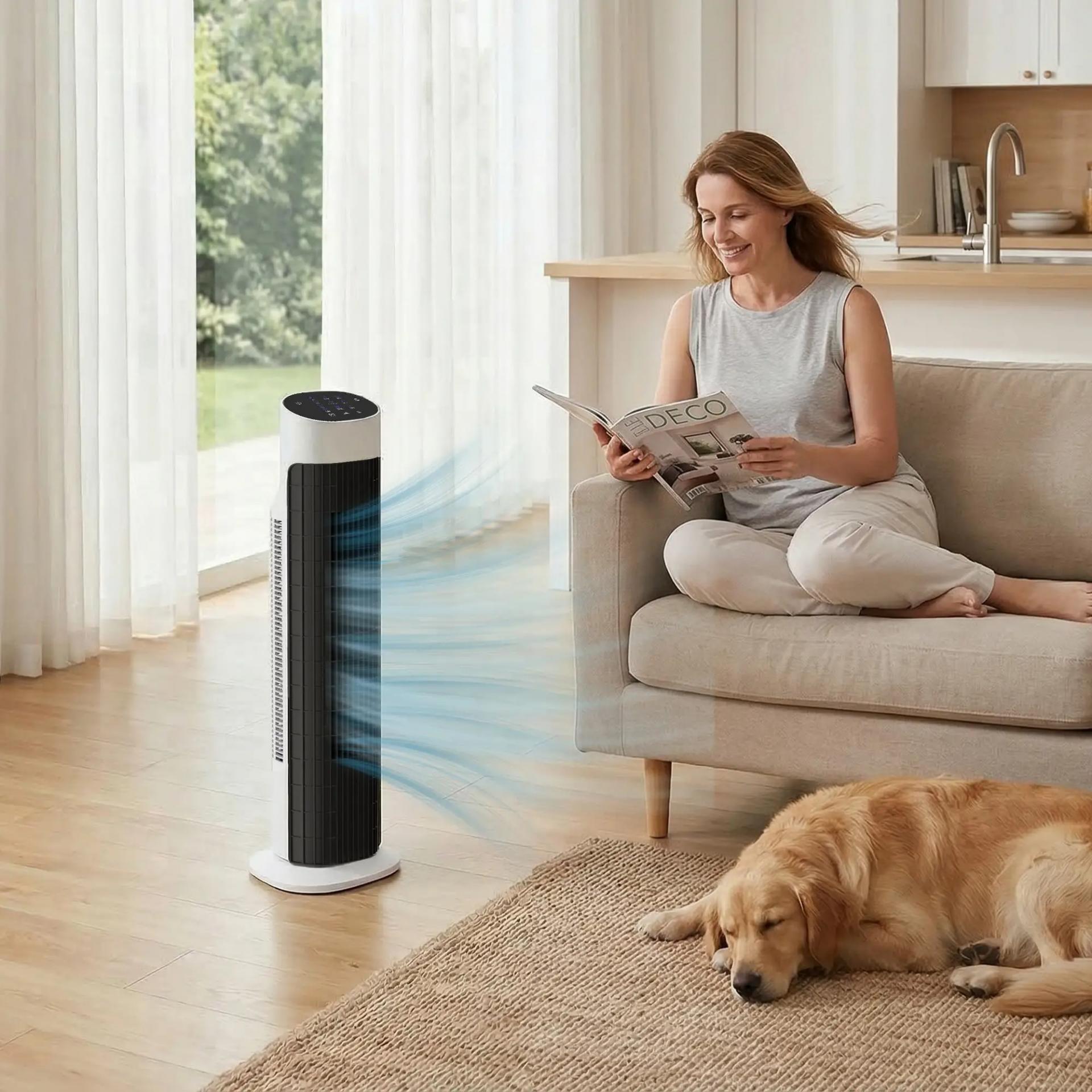 Ventilador de Torre Silencioso con Control Remoto 3 Velocidades 3 Modos Temporizador 7,5H Oscilación 70° Blanco y Negro