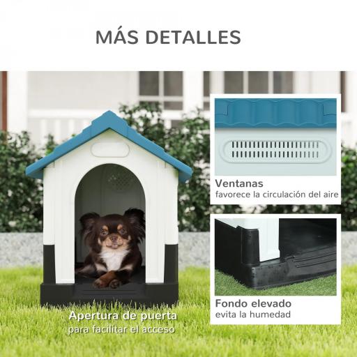 Caseta para Perros Mini para Exterior de Plástico con 3 Ventanas Base Elevada Techo Inclinado 64,5x57x66 cm Azul [2]