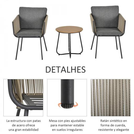 Conjunto de Muebles de Jardín Juego de 3 Piezas Muebles de Ratán 1 Mesa Redonda y 2 Sillas Butaca con Cojines Acolchados para Balcón Terraza Acero Caqui y Gris [5]