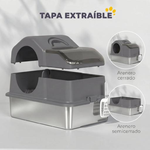 Arenero para Gatos Cubierto con Bandeja de Acero Inoxidable Tapa Extraíble Bordes Altos Fácil de Limpiar Gris Oscuro [4]