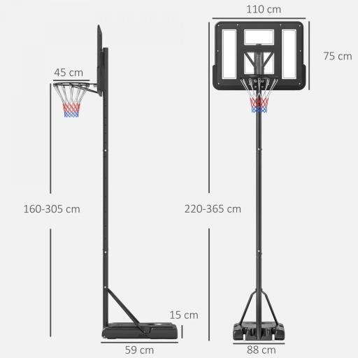 Canasta de Baloncesto con Altura Ajustable 220-365 cm Aro de Baloncesto con Soporte Ruedas Base Rellenable Negro [1]