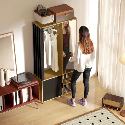 Armario Ropero con Puerta con Espejo Barra para Colgar 2 Compartimentos Abiertos 80x30x170 cm Natural y Negro [8]