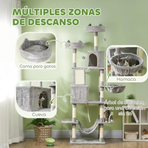 Árbol Rascador para Gatos Grande Altura 206 cm con Múltiples Niveles Cuevas Bolas Colgantes y Hamacas Gris [3]