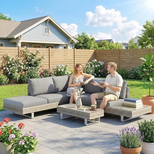 Conjunto de Jardín Exterior de Ratán de 3 Piezas con Sofá Modular de 3 y 2 Plazas Mesa Lateral Mesa de Centro Cojines [3]