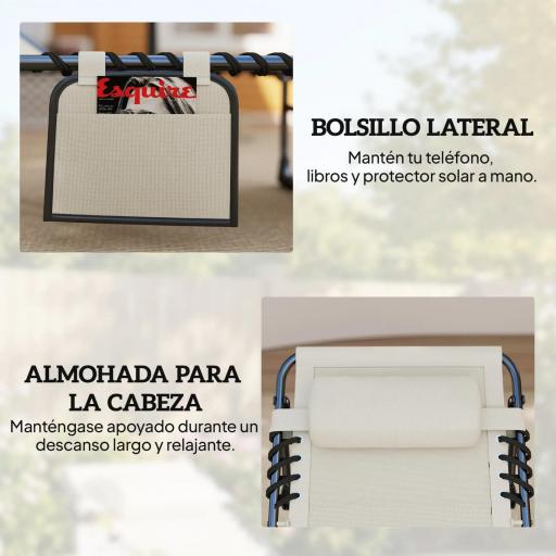 Set de 2 Tumbonas Plegables con Reposacabezas Bolsillo Lateral y Respaldo Reclinable en 5 Posiciones Blanco Crema [5]