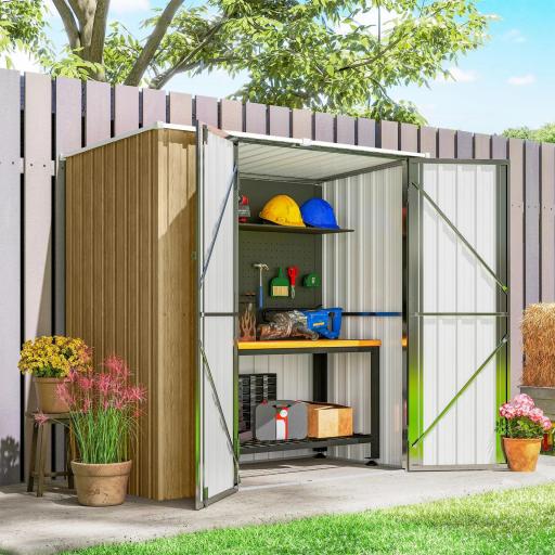 Cobertizo de Jardín Exterior Metálico 1,37 m² 163x89x163 cm con Techo Inclinado, Puertas con Pestillo y Guantes Marrón [3]