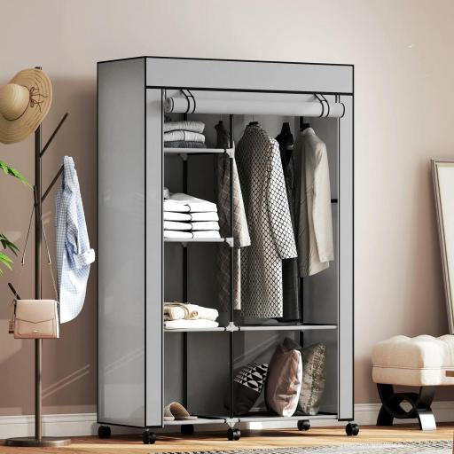 Armario de Tela con Ruedas Ropero Portátil con 6 Estantes y 1 Barra de Colgar para Dormitorio 103x43x162,5 cm Gris [3]