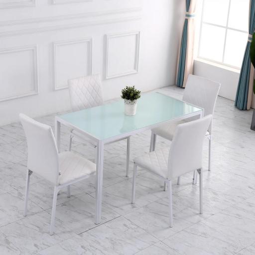 Pack de 4 Sillas de Comedor, Sillas de Cocinas Modernas, Respaldo Alto con Costuras Decorativas de Diamantes, Tapizadas en Cuero Sintético, Patas de Acero, Blanco [6]