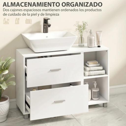 Mueble Bajo Lavabo Mueble de Baño con 2 Cajones y 2 Estantes Abiertos para Lavabo con Pedestal 90x30x60 cm Blanco [7]
