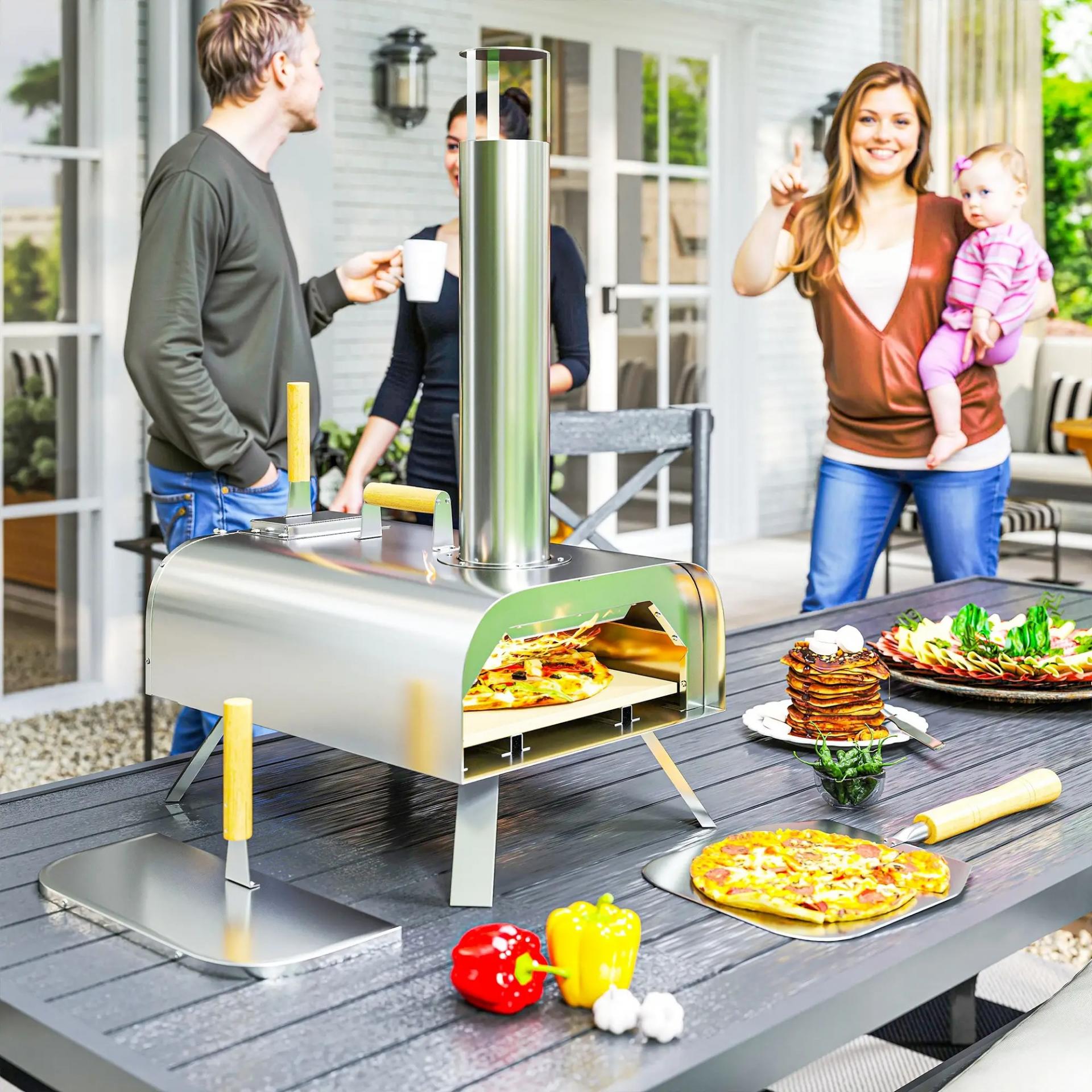 Horno de Leña para Pizza con Piedra Refractaria Pala y Patas Plegables para Camping y Exterior 79x36x75 cm Plata