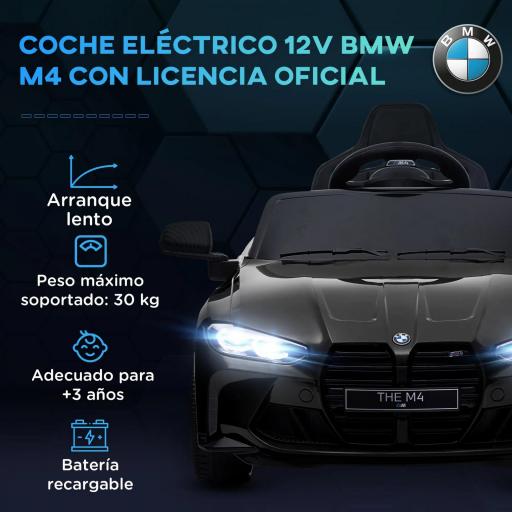 Coche de Batería para Niños 12V BMW M4 con Mando a Distancia Faros Bocina Música Velocidad 3-5 km/h Negro [4]