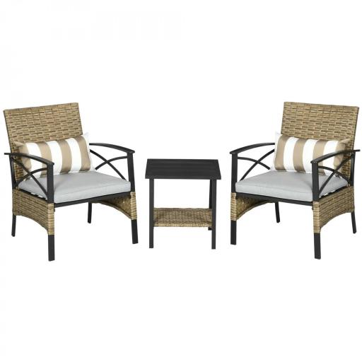 Conjunto Mesa y 2 Sillas de Jardín de Ratán Sintético con 2 Cojines Decorativos 46x46x48 cm y 59x71x80 cm Marrón [9]