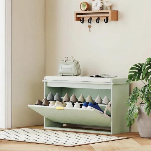 Banco Zapatero con Asiento Acolchado Cajón Abatible Estante Ajustable para Entrada Dormitorio 80x26x47,5 cm Verde Claro [3]