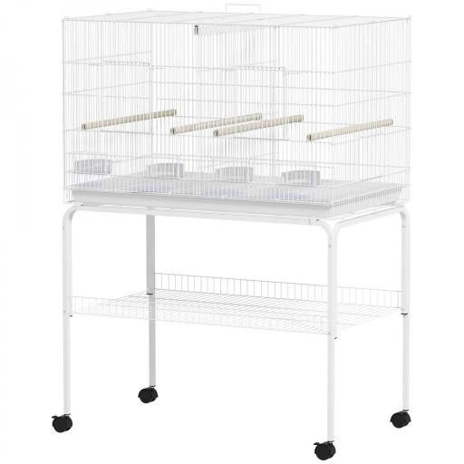 Jaula para Pájaros con Divisor Comederos Bandeja Extraíble y Soporte para Canarios y Periquitos 94x57x57/128 cm Blanco [9]